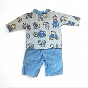 Vintage Blue & white corduroy teddy bear baby boy set #babyfashion 3-6 months